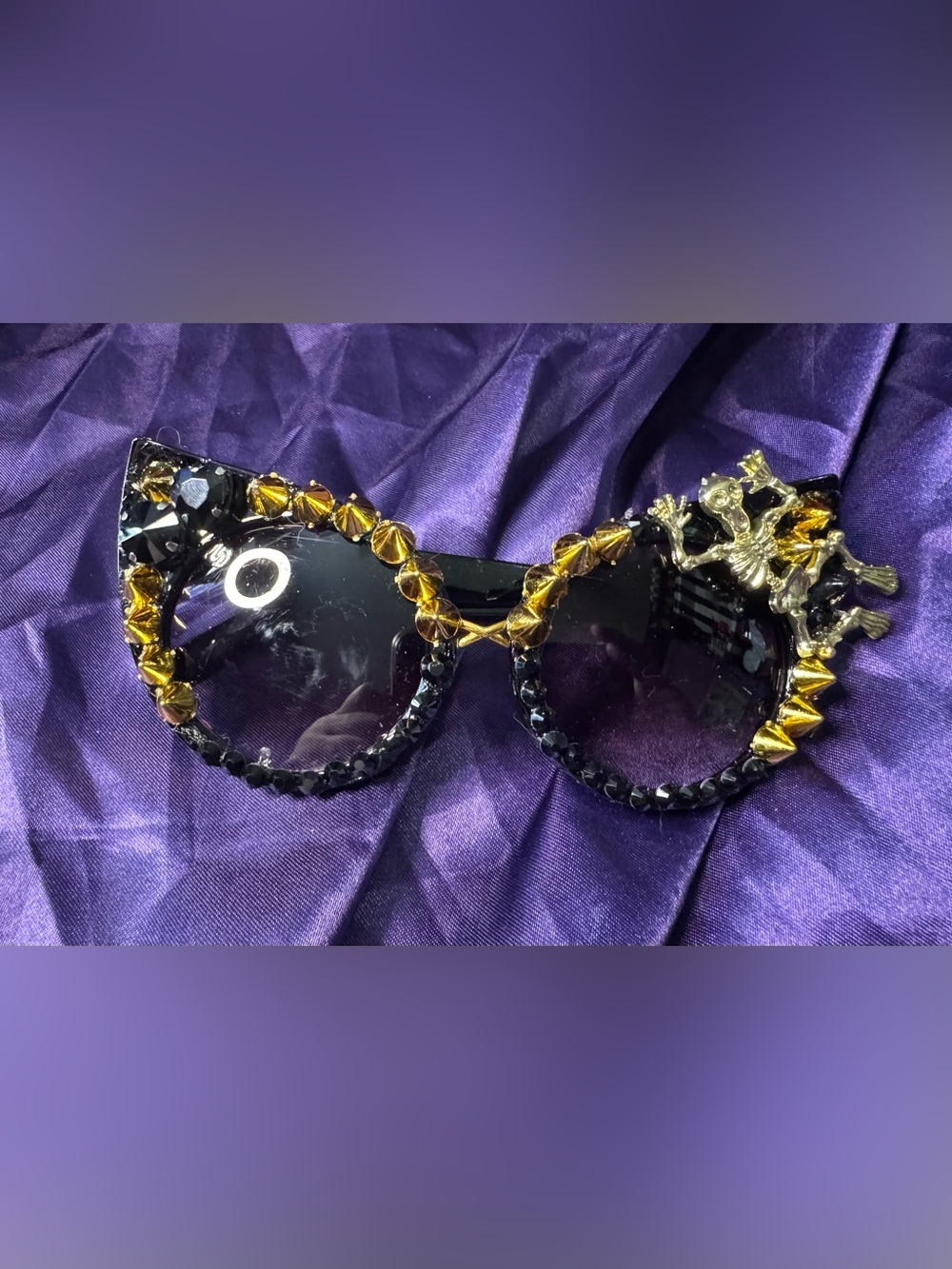 Embellished Black cat eye Sunglasses with Gold spike and skeleton Accents